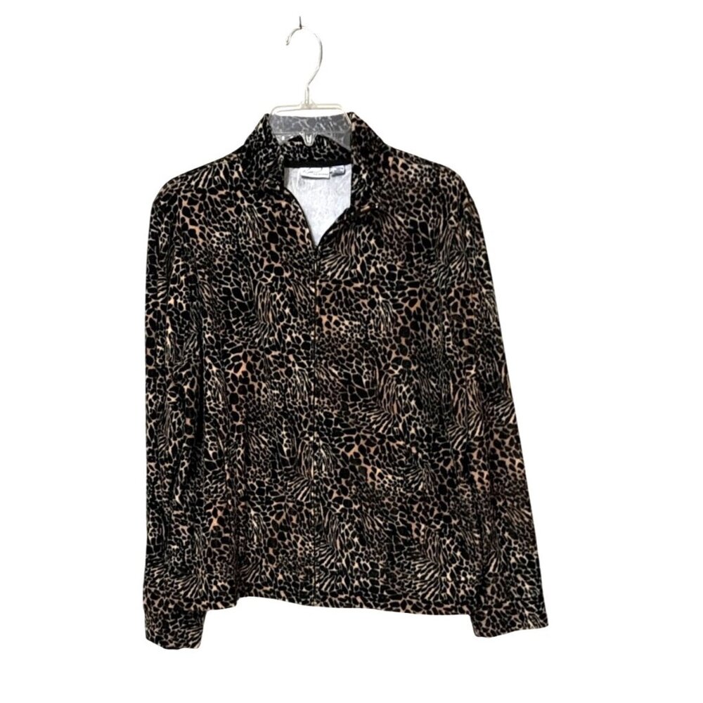 Kim Rogers Womens Leopard Print Long Sleeve zip-up jacket velour size‎ L